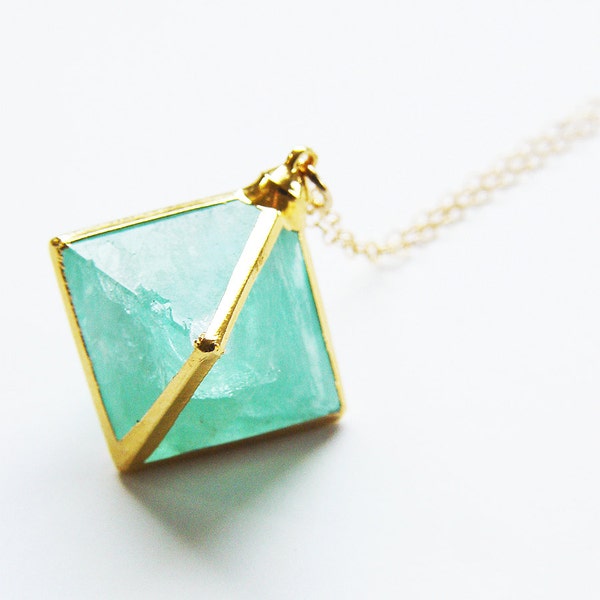 Green Fluorite Pyramid Gold Necklace - OOAK