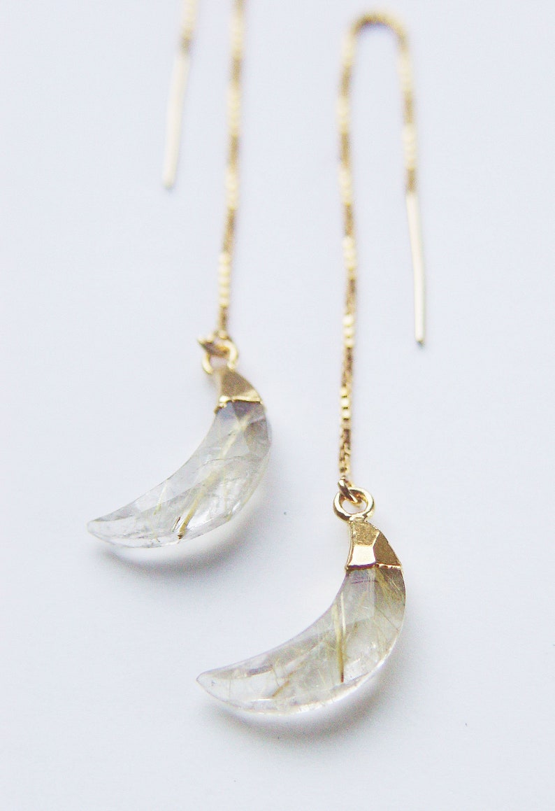 Rutilated Quartz Moon Gold Earrings. Gold Rutile Crescent Moon Earrings image 8