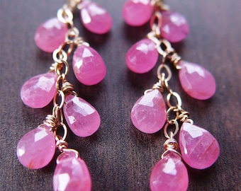 Pink Sapphire 14k Gold Filled Drop Chain Earrings: Handmade Bridesmaids Jewelry