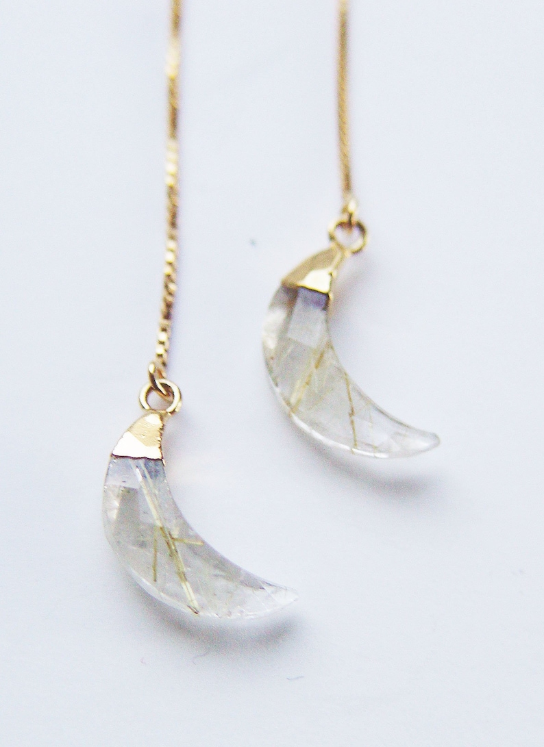 Rutilated Quartz Moon Gold Earrings. Gold Rutile Crescent Moon Earrings image 5