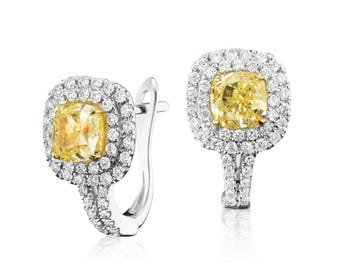 Natural Fancy Yellow Diamond Earrings in 18k Two Tone Gold