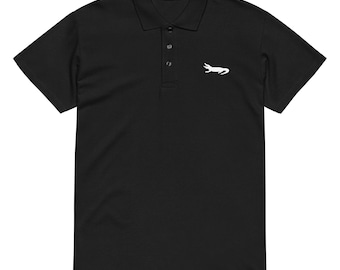 May include: A black polo shirt with a white alligator embroidered on the right chest.