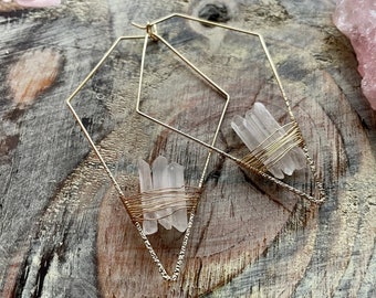 Raw Quartz Gold Hoops, Boho Crystal Earrings, Healing Stone Jewelry