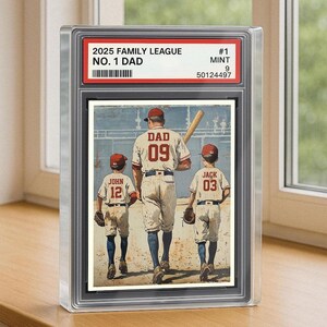 Gepersonaliseerde honkbal nr. 1 papa acrylblok, aangepaste ruilkaartstijl plaquette met papa en kinderen, uniek vaderdagcadeau voor honkbalvaders
