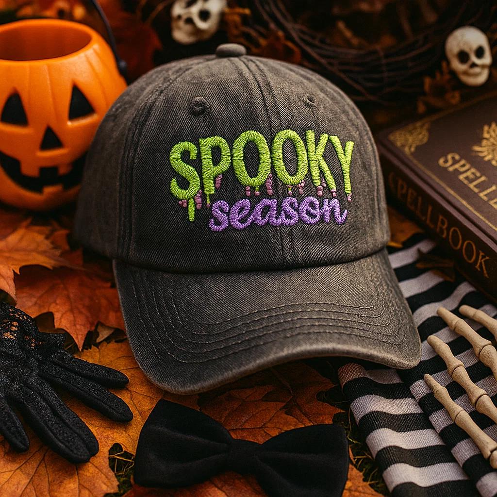 Embroidered Spooky Season Snapback Hat, Halloween Ghost & Pumpkin Hat, Washed Cotton Halloween Cap, Fall Aesthetic Baseball Hat