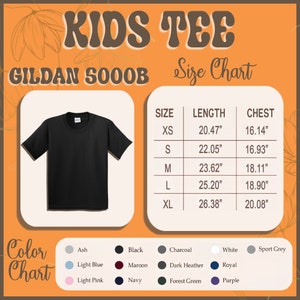 May include: A size chart for Gildan 5000B kids' t-shirts, showing measurements in inches for chest and length in sizes XS, S, M, L, and XL. A black t-shirt is shown as an example. A color chart shows various colors available, including ash, light blue, light pink, black, maroon, navy, charcoal, dark heather, white, royal, sport grey, and forest green.