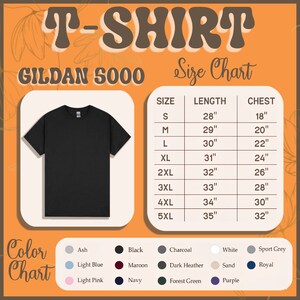 May include: A black Gildan 5000 t-shirt with a size chart and color chart. The size chart shows measurements in inches for length and chest. The color chart displays available colors including Ash, Black, and Navy.