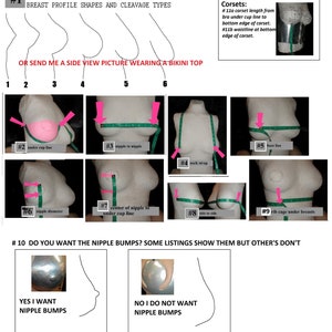 Może przedstawiać: Schemat ilustrujący kształty profilu piersi i rodzaje dekoltów, z ponumerowanymi przykładami. Zawiera pomiary dla gorsetów, takie jak linia pod miseczką, od sutka do sutka i linia biustu. Teksty "TAK, CHCĘ WZGORZA SUTKÓW" i "NIE, NIE CHCĘ WZGORZA SUTKÓW".