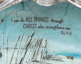 Phil 4:13 Je peux tout grâce au Christ qui me fortifie Plage Cadeau d'encouragement pour les Ecritures Coquillage Anneau plat Verset de la Bible chrétienne