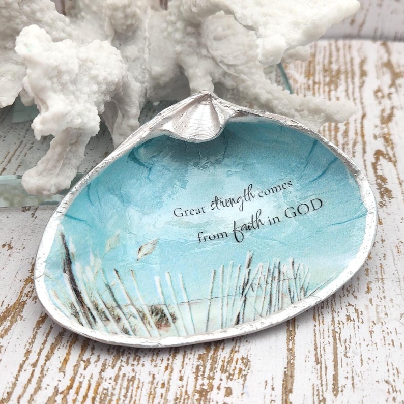 Coquillage de plage inspirant, cadeau de versets bibliques côtiers, cadeau d'encouragement aux chrétiens pour le rétablissement, une grande force vient de la foi en Dieu No Display Stand
