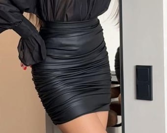 Faux Leather Draped Mini Skirt, Black High Waist Vegan Leather Club Skirt