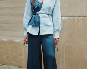 Asymmetrical Cotton Shirt and Wide Leg Satin Pants, Wedding Guest Pantsuit, for Holiday Parties, Formal Events & Special Occasion, Plus Size