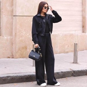 Velour suit with wide-leg pants, party suit, streetwear, palazzo pants with side inserts and high waist + waist jacket