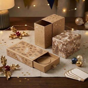 Könnte beinhalten: Drei rechteckige Geschenkschachteln aus Karton mit Schubladen. Eine Schachtel zeigt ein himmlisches Muster aus Monden und Sternen, während die anderen botanische Drucke von Farnen, Tannennadeln und Eicheln in weißer und brauner Tinte auf Kraftpapier aufweisen.