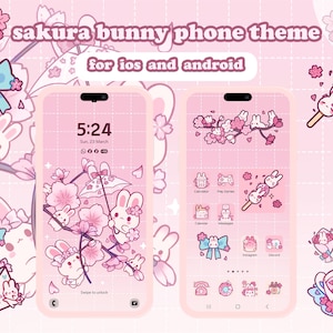 May include: Pink phone theme featuring bunny illustrations and cherry blossoms. The theme includes app icons, a lock screen, and decorative elements. The text reads "sakura bunny phone theme for ios and android".