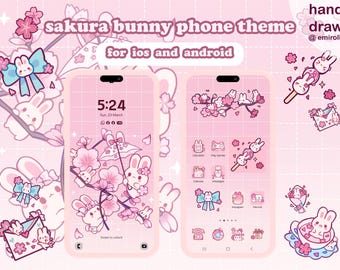 Cute bunny phone theme / Sakura phone theme / IOS & Android icons set / Cute Aesthetic Wallpaper / Phone Wallpaper / Phone App Icons Pack