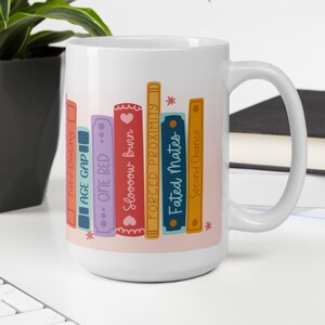 Romance Book Tropes Coffee Mug - 15 oz Cute Book Lover Design - Enemies to Lovers, Slow Burns, Second Chance, etc - Unique Bookworm Gift
