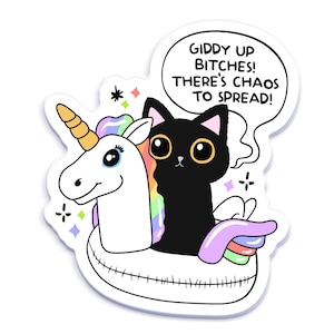 Black Cat and Unicorn Float Sticker – Funny Chaos-Themed Design with Cute Cat and Rainbow Vibes