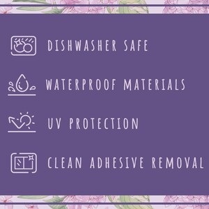 May include: A purple background with four icons and text describing the features of a product. The icons are a dishwasher, a water drop, a sun with an arrow, and a window with a star. The text reads "Dishwasher Safe", "Waterproof Materials", "UV Protection", and "Clean Adhesive Removal".