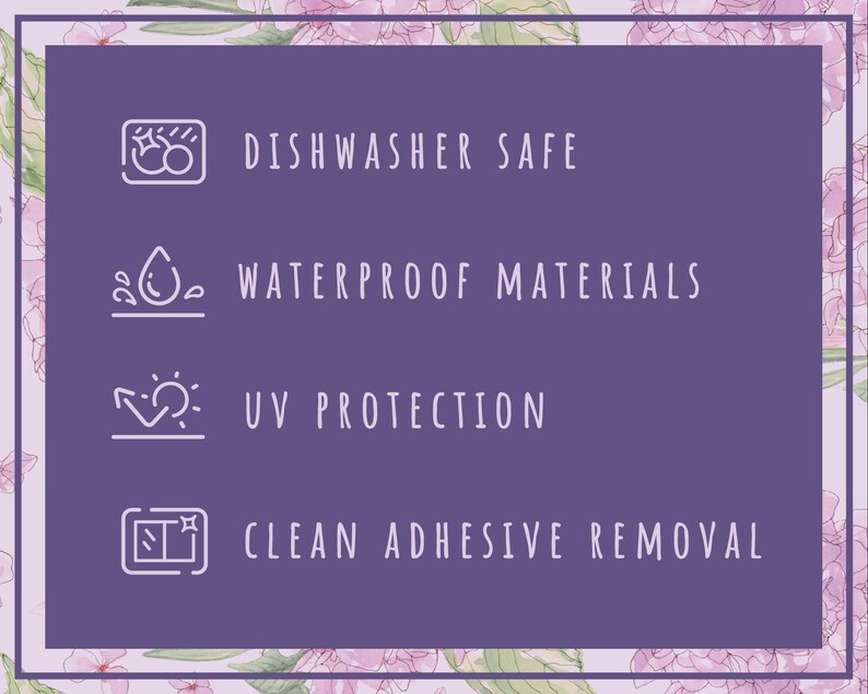 May include: A purple background with four icons and text describing the features of a product. The icons are a dishwasher, a water drop, a sun with an arrow, and a window with a star. The text reads "Dishwasher Safe", "Waterproof Materials", "UV Protection", and "Clean Adhesive Removal".
