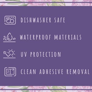 May include: A purple background with four icons and text describing the features of a product. The icons are a dishwasher, a water drop, a sun with an arrow, and a window with a star. The text reads "Dishwasher Safe", "Waterproof Materials", "UV Protection", and "Clean Adhesive Removal".