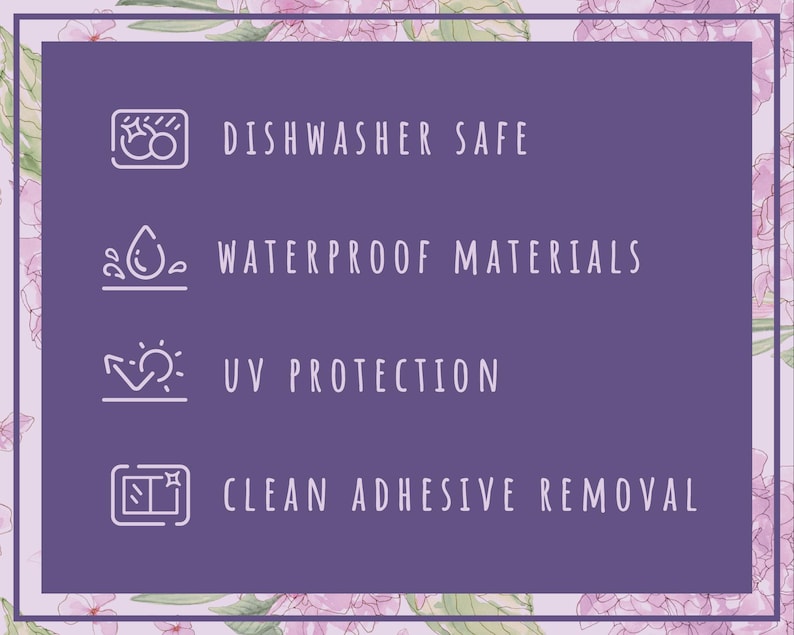 May include: A purple background with four icons and text describing the features of a product. The icons are a dishwasher, a water drop, a sun with an arrow, and a window with a star. The text reads "Dishwasher Safe", "Waterproof Materials", "UV Protection", and "Clean Adhesive Removal".