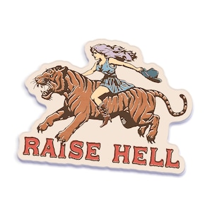 May include: A sticker with a woman riding a tiger, with the text "RAISE HELL" in red letters.