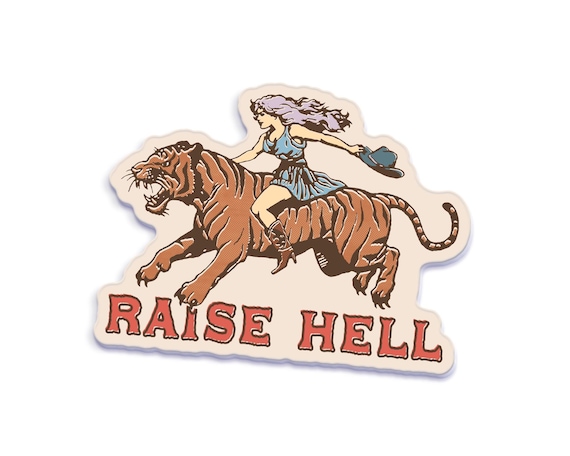 Raise Hell Cowgirl and Tiger Sticker, Vintage Feminist Aesthetic Decal, Fierce Retro Sticker for Wild Spirits and Sticker Collectors