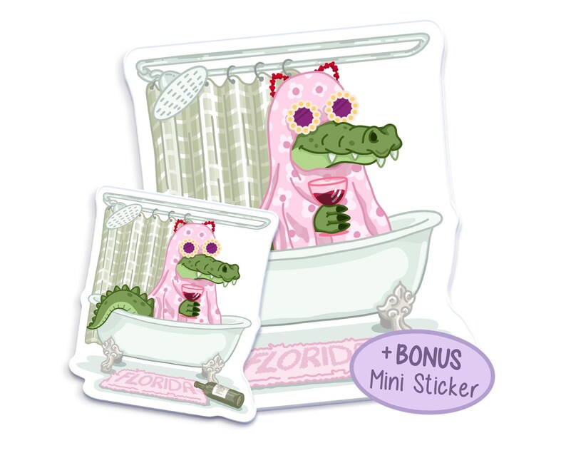 May include: Two sticker designs featuring a cartoon alligator wearing a pink bathrobe and sunglasses, holding a glass of wine and relaxing in a bathtub. The text "FLORIDA" is on a pink bath mat. The smaller sticker has a bonus mini sticker.