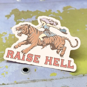 May include: A sticker featuring a woman riding a tiger with the text "RAISE HELL" in pink letters.
