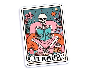 Pegatina de esqueleto hogareño, acogedora calcomanía de vinilo inspirada en la carta del tarot, pegatina estética introvertida para amantes de los libros y los hogareños