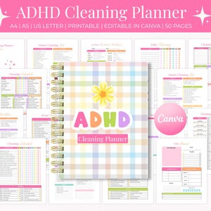 Puede incluir: Un planificador con espiral titulado "ADHD Cleaning Planner" con una cubierta de cuadros pastel y una flor amarilla. El planificador está rodeado de páginas con horarios y listas de verificación de limpieza. El texto "Canva" también es visible.
