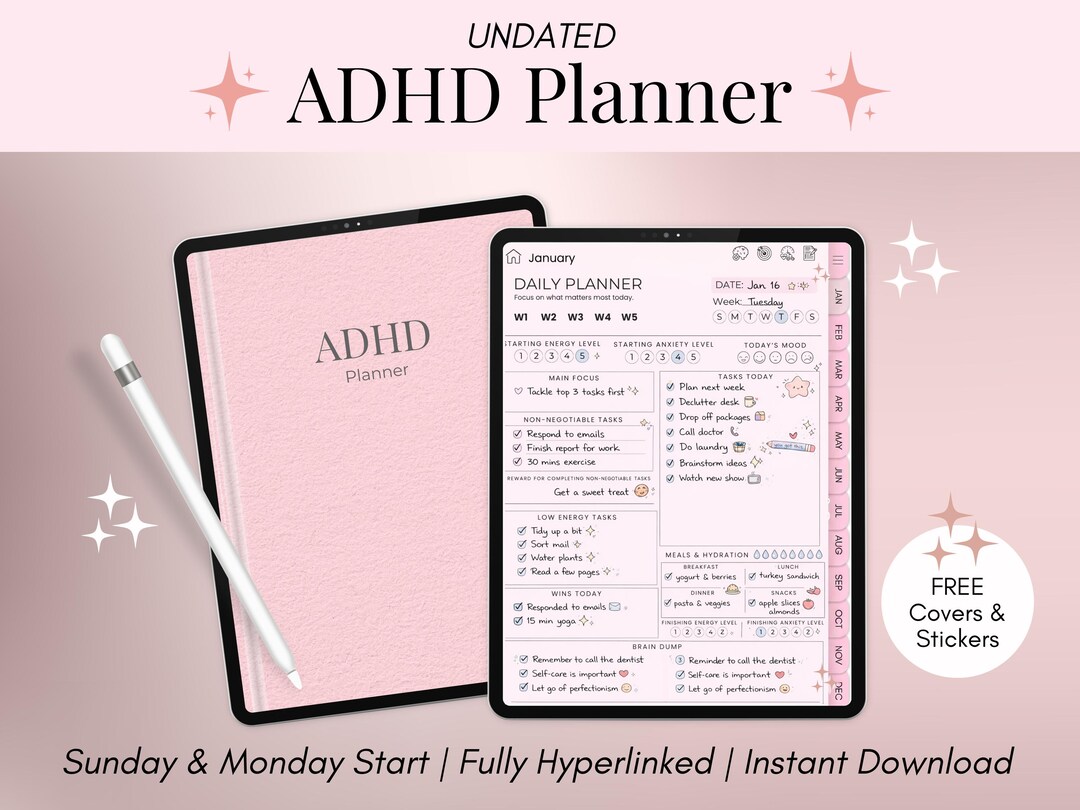 ADHD Digital Planner for iPad Undated Hyperlinked Planner Daily Weekly ...