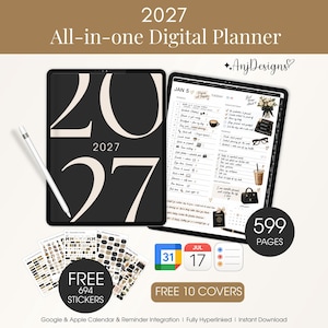 May include: A 2027 all-in-one digital planner displayed on two tablets with a stylus, featuring a black cover with large beige numbers and a daily schedule page. Includes 694 free stickers, 10 free covers, and 599 pages total.