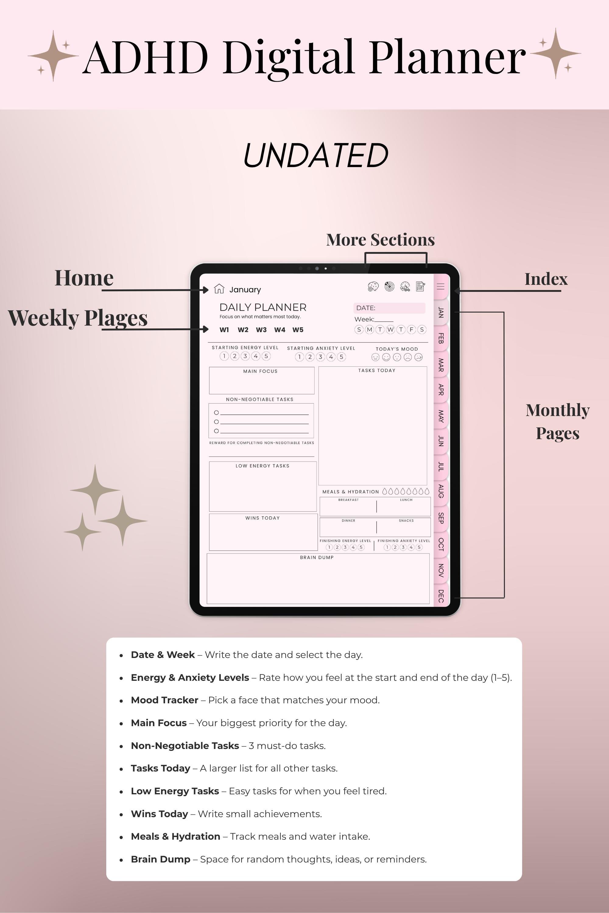 ADHD Digital Planner for iPad Undated Hyperlinked Planner Daily Weekly ...