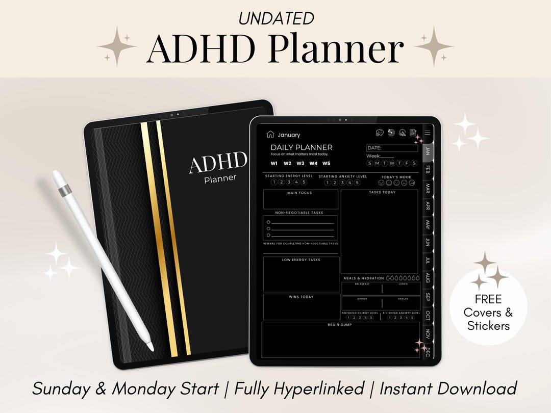 ADHD Digital Planner for iPad Hyperlinked Undated Planner Dark Mode ...