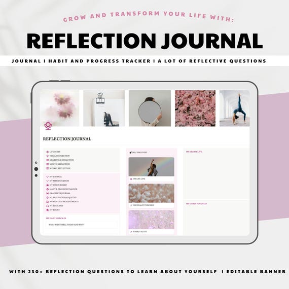Digital reflection journal notion aesthetic planner manifesting journal self discovery reflect planner mid-year planner life audit work book