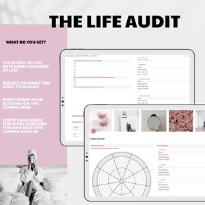 May include: Two tablets displaying a digital life audit. The top tablet shows a checklist, while the bottom tablet displays a wheel of life graphic. The text "THE LIFE AUDIT" is at the top. The background is pink and white.