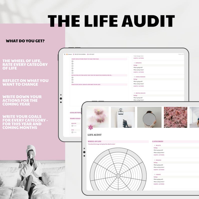 May include: Two tablets displaying a digital life audit. The top tablet shows a checklist, while the bottom tablet displays a wheel of life graphic. The text "THE LIFE AUDIT" is at the top. The background is pink and white.