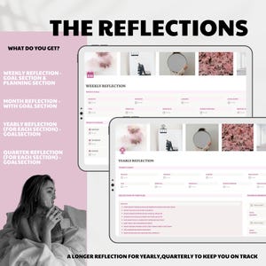 May include: Digital planner with the title "The Reflections" displayed on two tablets. The planner features weekly, monthly, yearly, and quarterly reflection sections. The background is a soft pink and white.