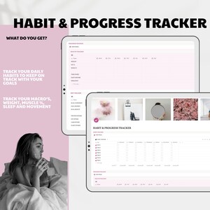May include: A digital habit and progress tracker displayed on two tablets. The text on the screen reads "Habit & Progress Tracker". The image also includes the text "Track your daily habits to keep on track with your goals" and "Track your macro's, weight, muscle %, sleep and movement".