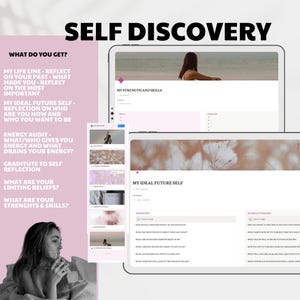 May include: A digital self-discovery guide with the title "Self Discovery" in bold black letters. The guide includes sections on life reflection, ideal future self, energy audit, and gratitude. The image also shows a woman and a tablet.