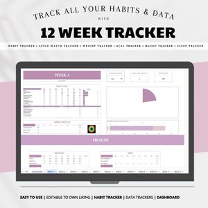 Op de afbeelding: Een laptopscherm met een 12-weekse tracker met de tekst "Track All Your Habits & Data". De tracker bevat secties voor gewoontes, Apple Watch, gewicht, kcal, macro's en slaaptracking. Het ontwerp is in paarse en witte tinten.