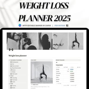 Puede incluir: Una pantalla digital que muestra una plantilla de planificador de pérdida de peso para 2025. La plantilla incluye secciones para rastreadores, planificadores, establecimiento de objetivos y rutinas de entrenamiento. La pantalla está sobre una superficie blanca con sombras de una ventana.