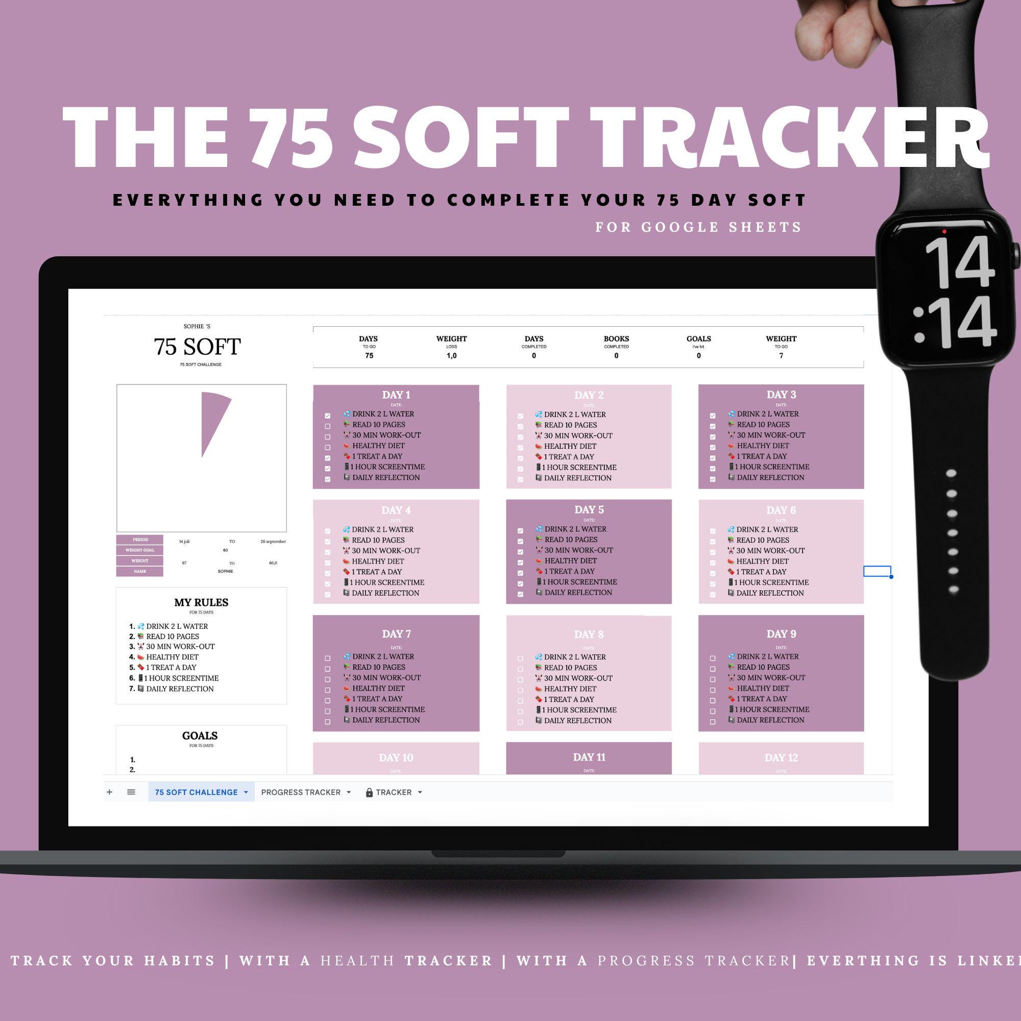 75 soft tracker google sheets weight loss | 75 easy challenge | 75 soft challenge | 75 medium challenge | Editable 75 day soft | Fitness