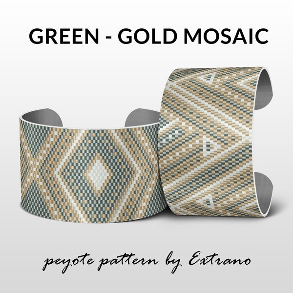 Peyote bracelet pattern, wide cuff pattern, uneven peyote stitch, peyote pattern, native peyote, american native jewelry, Green Gold MOSAIC