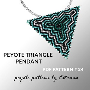 May include: A turquoise, black, and white peyote stitch triangle pendant with a silver chain. The pendant is a geometric design with a repeating pattern. The text "PEYOTE TRIANGLE PENDANT" and "PDF PATTERN # 24 peyote pattern by Extrano" is below the pendant.