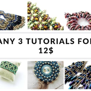 Puede incluir: Un collage de seis imágenes que muestran varios diseños de joyería de cuentas, incluyendo aretes, una pulsera, un collar y un anillo. El texto "ANY 3 TUTORIALS FOR 12$" se muestra en el centro del collage.