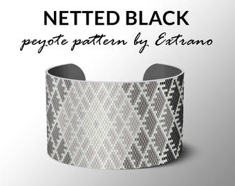 Peyote bracelet pattern, wide cuff pattern, uneven peyote stitch, peyote pattern, DIY jewelry, NETTED BLACK, 5 colors only, instant download