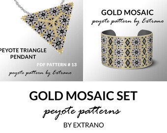 Bracelet with pendant pattern, peyote tutorial, uneven peyote pattern, triangle peyote pattern, pattern for beaded set GOLD MOSAIC peyote